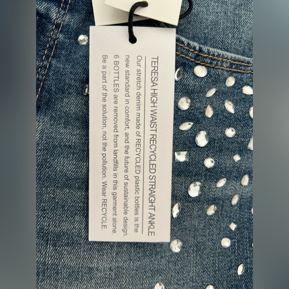 Embellished High-Rise Jeans Washed Denim Rhinestone Straight Jeans - Picture 5 of 11